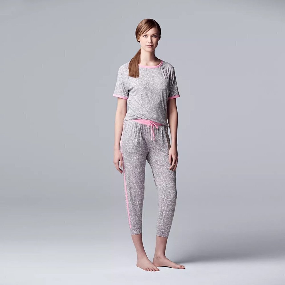Simply Vera Wang Womens Gray Pink Short Sleeve Pockets Crop Pajama Sets Sz M New - Picture 9 of 12